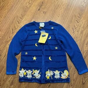 The Quaker Factory Blue knit star angle aplique cardigan sweater size small NWT
